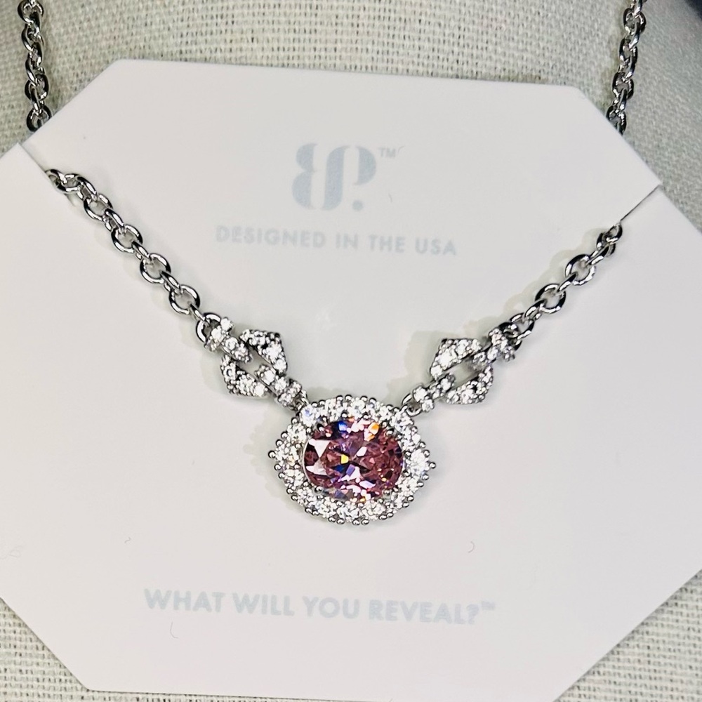 Bomb Party Pink Rose Quartz Necklace on Rhodium New NK86572 - Picture 1 of 7
